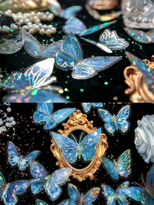 Macro shot of vintage blue laser butterfly stickers with gold foil lines and PET material