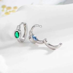 Silver hoop earrings with inlaid oval green and blue zircon gemstones for women