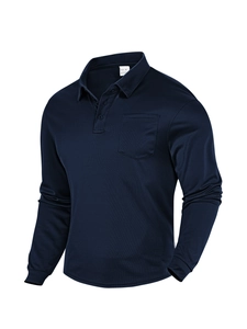 Detail of navy long sleeve mesh polo shirt collar and button placket with chest pocket