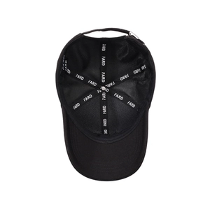 Classic black cotton baseball cap interior with FARD branded tape and metal buckle