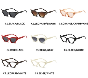 Overview of cat eye sunglasses in eight colors including black, tortoiseshell and red