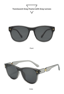 Front and side view of oval transparent gray sunglasses with gold metal bar accents