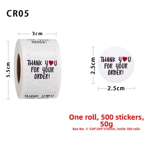 Detail showing 2.5cm round thank you stickers roll with 500 adhesive labels for packaging