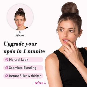 Natural dark brown synthetic hair bun extension with drawstring for instant hair volume