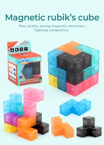 Detailed view of 7 pieces translucent magnetic building blocks with box packaging