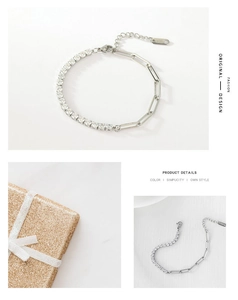 Détail du bracelet à maillons argentés et tennis en zircone avec fermoir mousqueton