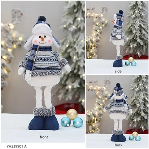 Front, side, and back views of a telescopic Christmas plush snowman in blue and grey