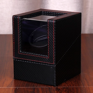 Black carbon fiber PU leather watch winder with red stitching and clear window display