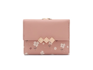 Close-up of pink floral tri-fold wallet with diamond metal clasp and PU leather texture