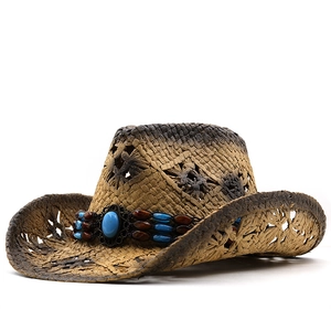 Distressed western cowboy straw hat with ethnic beaded band for sun protection