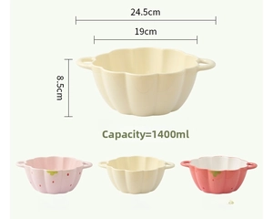 Detail of 1400ml ceramic petal bowl showing dimensions and vibrant color options