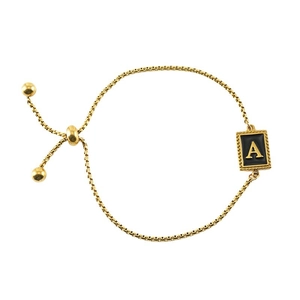 Adjustable 18K gold plated box chain bracelet featuring a black enamel letter A pendant