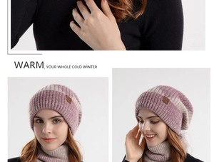 Detail von rosa-beigem Strickmützen- und Schal-Set für Damen mit warmem Fleece-Innenfutter