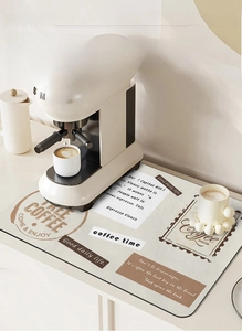 Close-up of vintage newspaper style coffee machine mat with absorbent leather texture