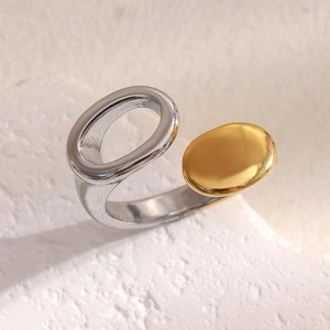 Minimalist two-tone 18K gold plated stainless steel open ring with dual geometric shapes