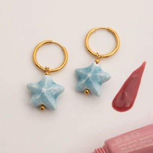 18K gold plated stainless steel hoop earrings with blue starfish ceramic pendants