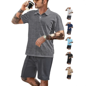Men's summer casual waffle texture polo and shorts set in grey with multi-color options