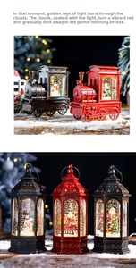 Close-up of vintage Christmas music lanterns with floating sequins and festive figurines