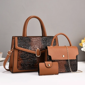 3-piece brown crocodile texture handbag set with large tote, shoulder bag and wallet