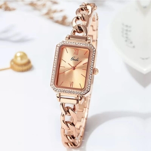 Gedi rose gold square watch for women with sparkling crystal bezel and chain strap
