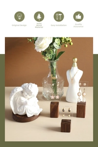 Detail view of wooden jewelry stand with acrylic plates holding floral earrings