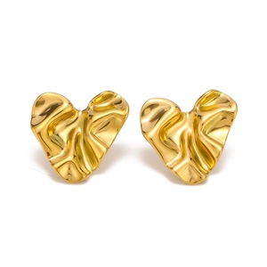 Minimalist gold stainless steel heart earrings with unique pleated wavy texture