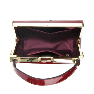 Macro view showing the open structure of red snake-patterned evening bag with inner pocket