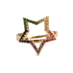 Adjustable gold star ring with colorful micro-pave cubic zirconia on a white background