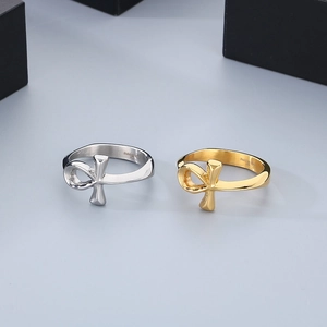 Ancient Egyptian Ankh cross rings in gold and silver stainless steel finishes