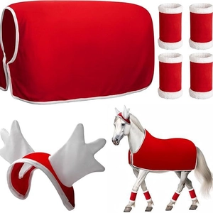 Festive red Christmas horse set with thick blanket, leg protectors and winged hood
