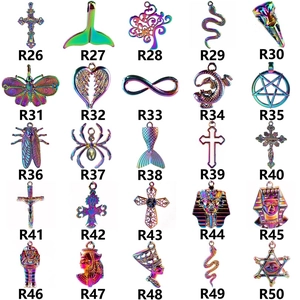 Detailed grid showing 25 rainbow stainless steel charms including cross and butterfly motifs