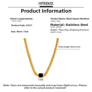 Detail showing gold Cuban chain necklace with black square pendant and size dimensions