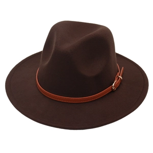Detail of dark brown fedora hat featuring a leather strap and gold metal buckle