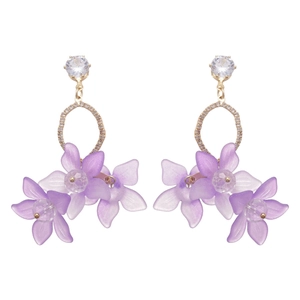 Silver needle flower pendant earrings with purple gradient petals and zircon stones