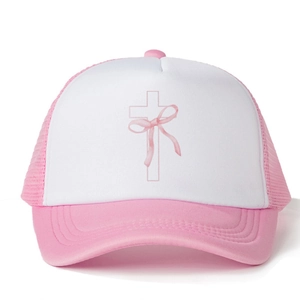 Pink and white mesh trucker hat featuring a cross print and pink ribbon bow detail