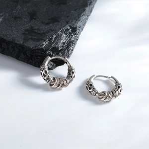 Men Vintage Hoop Earrings Copper Antique Silver Style Engraved Geometric Pattern Punk Hip Hop Jewelry