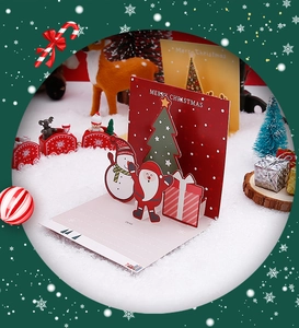 Detailed view of 3D pop-up Christmas card with Santa, tree, and snowman figures