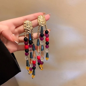 Silver needle butterfly tassel earrings with colorful beads and floral long pendant style