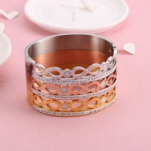 Three-tone stainless steel infinity bracelets with double row rhinestones and shell inlay