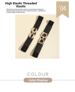 Detail of black elastic waist belt featuring a textured finish and gold geometric buckle