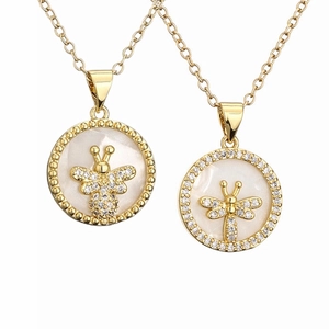 Round Pendant Necklace Gold Plated Copper Micro Inlaid Zircon White Mother Of Artificial Pearl Moon Star Bee For Women