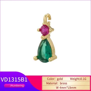 18K gold plated brass drop pendant with pink and emerald green micro-set crystals