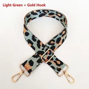 Detail of adjustable leopard print bag strap in light green with gold metal hooks