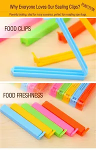Detailed view of colorful 11cm plastic sealing clips for food bag moisture protection