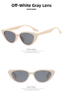 Detail view of creamy white cat-eye sunglasses with grey lenses and thick frames
