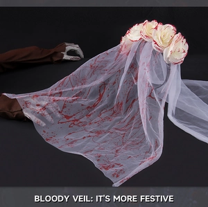 Detailed view of white bloody veil with red roses and mesh texture for Halloween party