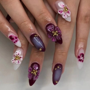 Almond Press On Nails 3D Flower Cat Paw Design Purple White Gradient ABS Plastic Removable Fashionable For Women