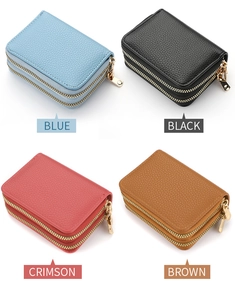 Detail showing four colors of lychee grain PU leather card wallets with double zippers