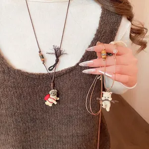 Cartoon Animal Pendant Necklace Ceramic Wood Beaded Wax Rope Long Sweater Chain Cute Handmade Cat Dog Jewelry For Women
