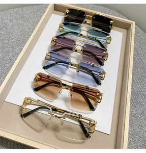 Detail of rimless aviator sunglasses with gold leopard metal hinges in various colors